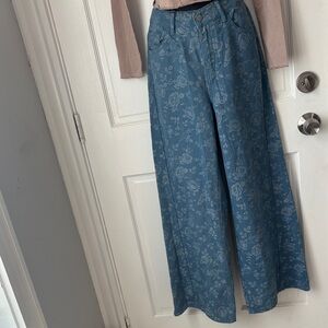 Floral Wide-Leg Blue Pants